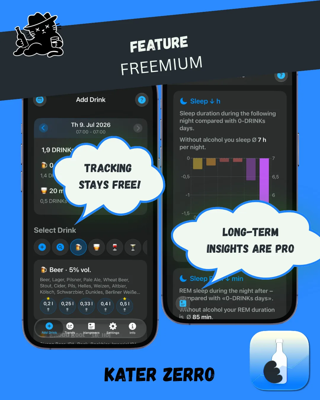 KATER ZERRO free drink tracking alongside PRO long-term health insights