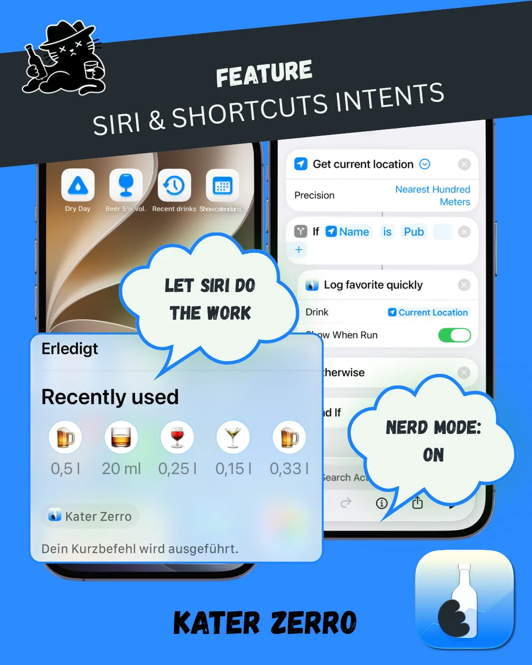 Siri Shortcuts for recording a dry day, favourite drink and recent drink in KATER ZERRO